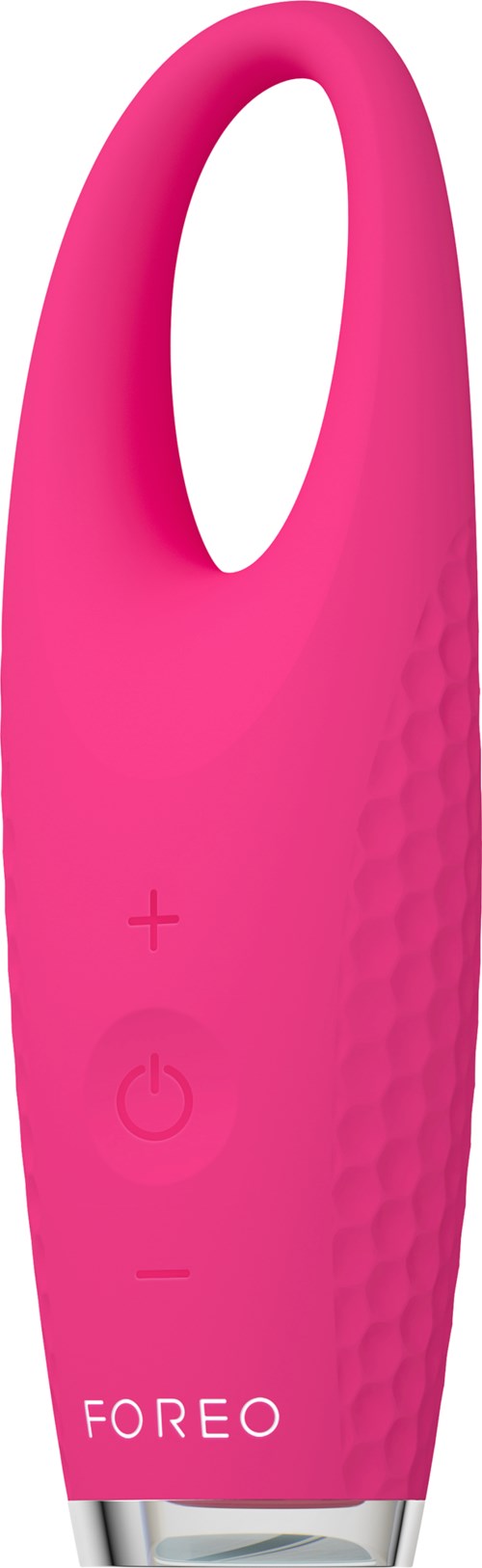 A pink vibrating device with control buttons, branded 'FOREO'.