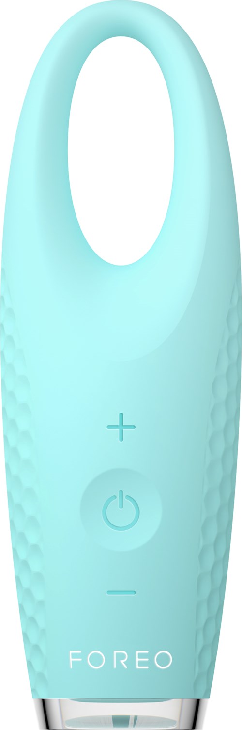 Een lichtblauw Foreo-apparaat met drie knoppen voor plus, aan/uit en min.