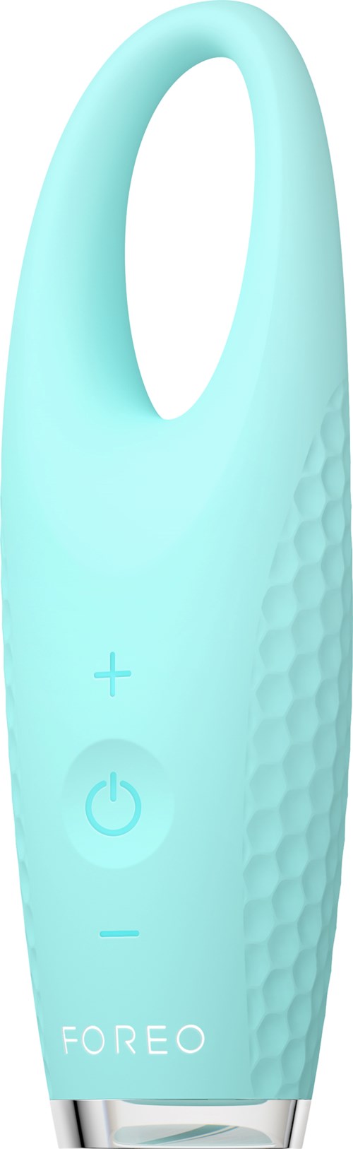 Een turquoise apparaat met knoppen, een stroompictogram en een getextureerd gripgebied, met 'FOREO'.