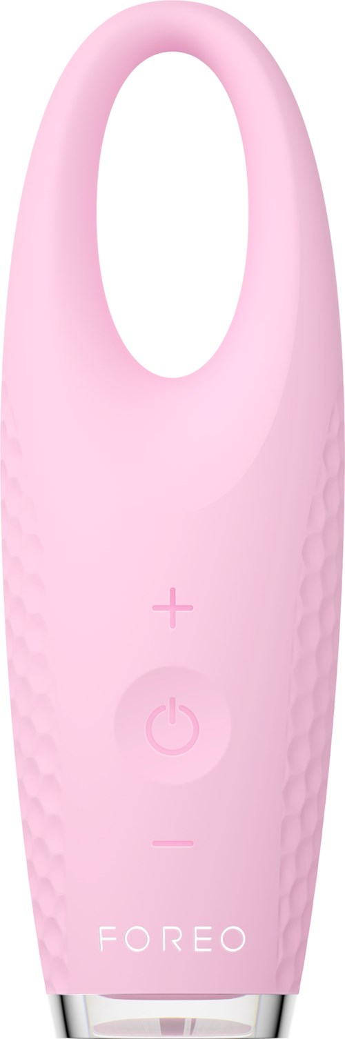 Pinkes Gerät mit Plus, Power und Minus Tasten, Marke 'FOREO' am unteren Ende.
