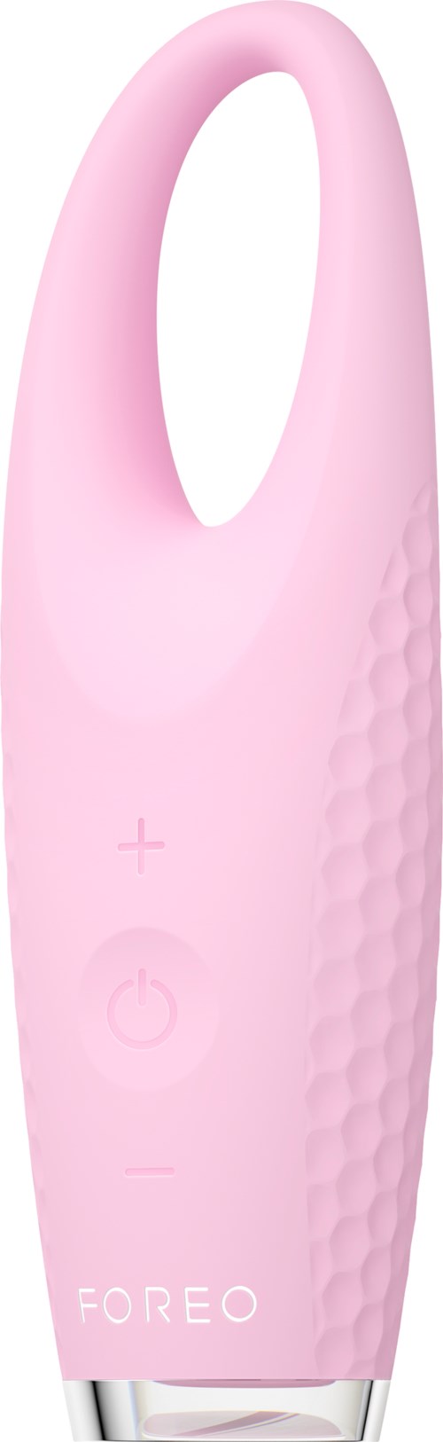 Ein rosa, loopförmiges Gerät mit Bedientasten und strukturierter Griff, unten mit 'FOREO' beschriftet.