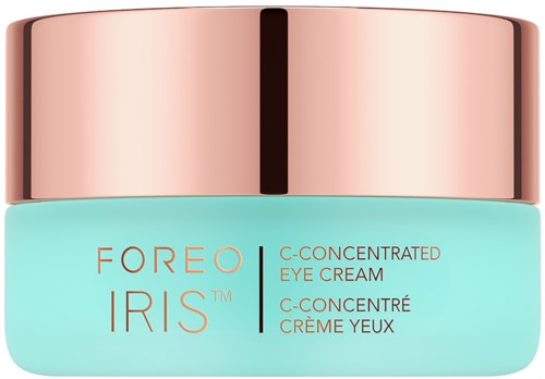 Ein blauer Behälter mit roségoldenem Deckel, für Augencreme, mit dem Markenname 'Foreo Iris' und Produkteinformationen.