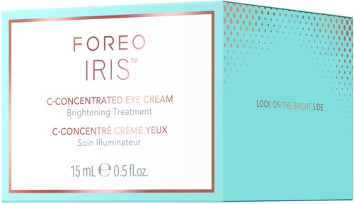 Verpackung von Foreo Iris Augencreme mit rosa und blauer Gestaltung, und eine Nachricht "Look on the bright side."