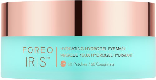 Een container van Foreo Iris hydrogel oogmaskers met een roségouden deksel en lichtblauwe body.