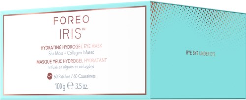 Doos met Foreo Iris hydraterende oogmasker met zee mos en collageen. Bevat 60प्पे, 100g.