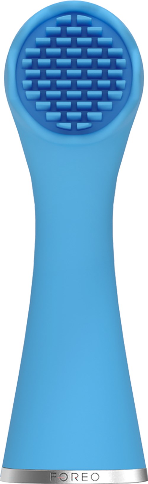 A blue home facial facial massager with a textured surface for skin therapy.