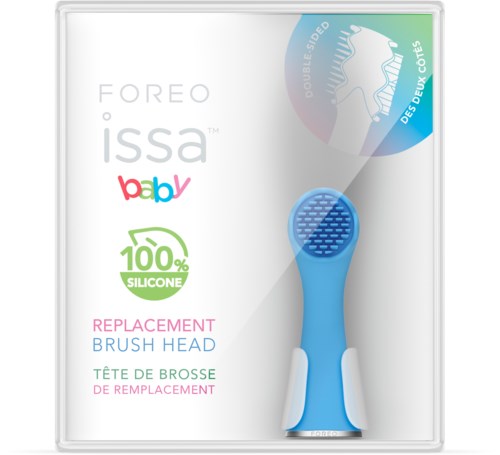 Box with a blue silicone replacement brush head for baby toothbrush, silicone label, and colorful text.