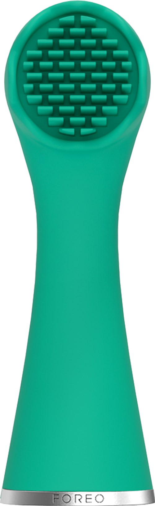 A teal skin scrubber with a textured, grid-like surface for cleaning or exfoliating skin.