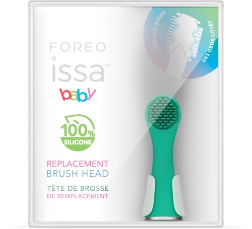 Box for a baby silicone replacement brush head from Foreo Issa. Contains one green brush head.