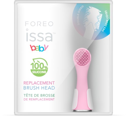 A replacement brush head for a baby bottle cleaning device, pink and white, with small bristles, and branding on the packaging.