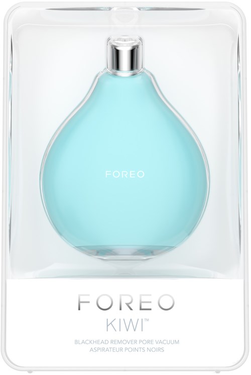 Sininen nestehoitopullo selkeässä pakkauksessa, merkattu 'FOREO KIWI' mustapäiden poistoa varten. Yksinkertainen ja puhdas muotoilu.