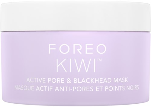 Lavansävyinen purkki valkoisella kannella. Teksti: "FOREO KIWI" ja "active pore & blackhead mask."