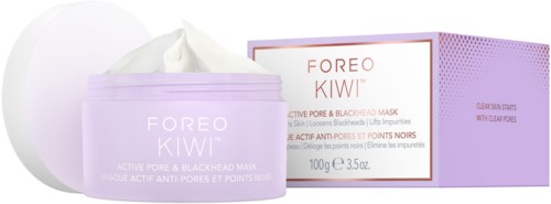 Violetti säilykepurkki ja laatikko Foreo Kiwi -aiheiselle ihonhoitotuotteelle, sisältäen voiteen ja tekstiä pakkauksessa.