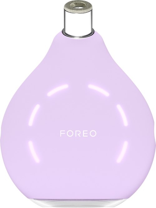 Ein lavendelähnliches Gerät mit dem Wort 'FOREO' und einem kreisförmigen Lichteffekt in der Mitte.