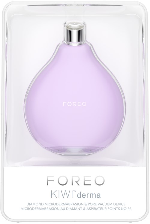 Ein lilaförmiges Gerät in transparenter Verpackung, mit der Aufschrift 'FOREO KIWI Derma' für Hautpflege.