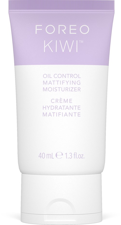 Een lavendelkleurige en witte tube van FOREO KIWI oliecontrole matificante moisturizer, 40 ml. Eenvoudig ontwerp met tekst op de tube.