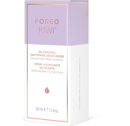 Een doos van Foreo Kiwi oliecontrole matterende moisturizer met tekst over de voordelen en grootte.