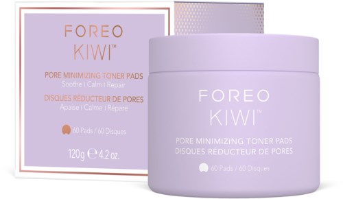 Purkkia ja laatikkoa Foreo Kiwi pore-minimizing toner pads, violettia ja valkoista, teksti tuotteesta.