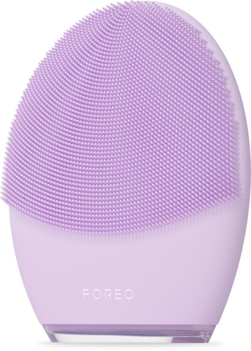 Een paarse gezichtsreinigingsborstel met zachte siliconenborstels en de merknaam 'FOREO' onderaan.