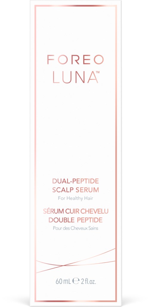 Een witte doos met roze tekst over een hoofdhuidserum voor gezond haar, 60 ml. Op het label staat "Foreo Luna".