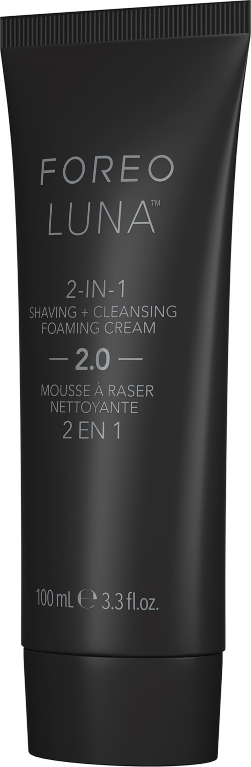 Een zwarte tube met de tekst 'Foreo Luna 2-1', voor scheren en reinigen, met productdetails en formaat op de voorkant.