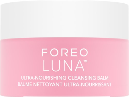 Een roze en witte pot Foreo Luna Ultra-Nourishing Cleansing Balm. Productnaam en beschrijving zijn zichtbaar.