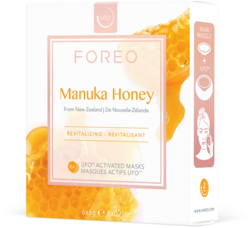 Een gezichtsmasker met de naam 'Manuka Honey' uit Nieuw-Zeeland, verpakking toont afbeeldingen van honing en bijenraten.