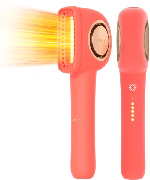 Ein rosa Gerät, das starke Hitze oder Licht abgibt, mit LED-Leuchten und Steuersymbolen am Griff.