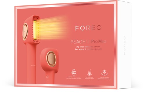 Eine rosa Verpackung zeigt ein Hautpflegegerät mit Griff, Düse und Lichtern, bezeichnet 'FOREO Peach'.