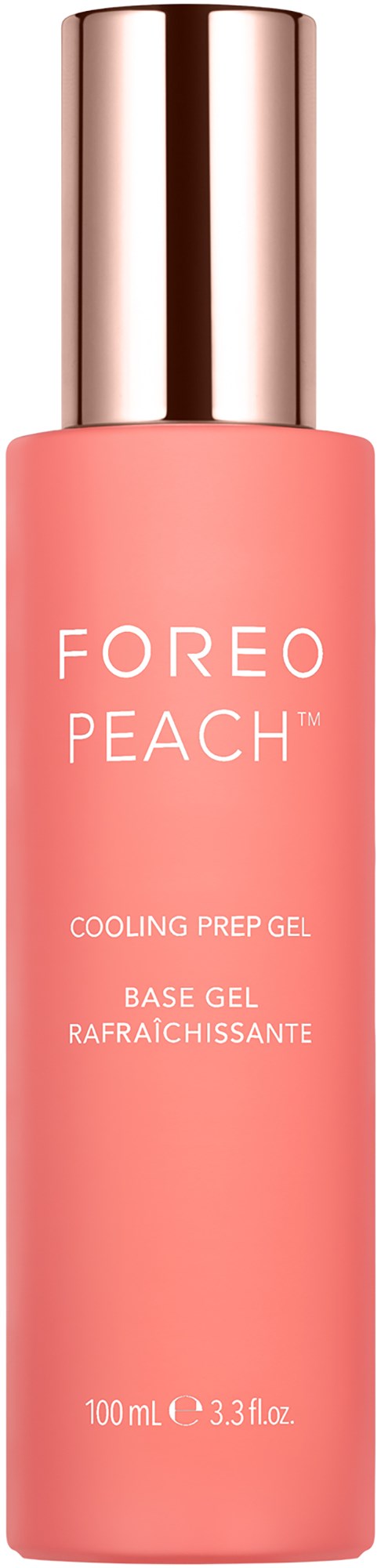 Een roze fles met zilveren dop, gelabeld 'FOREO PEACH', een koelende voorbereidingsgel voor huidverzorging.