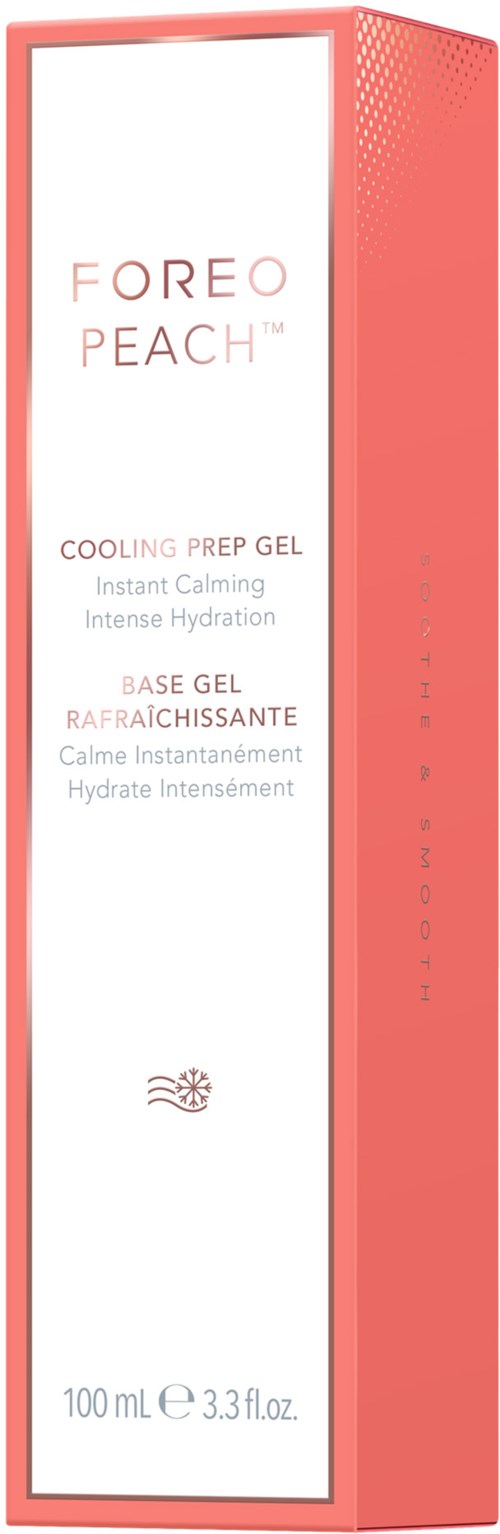 Een roze doos met een wit label, toont productnaam Foreo Peach en beschrijft een koelgel voor hydratatie van de huid.