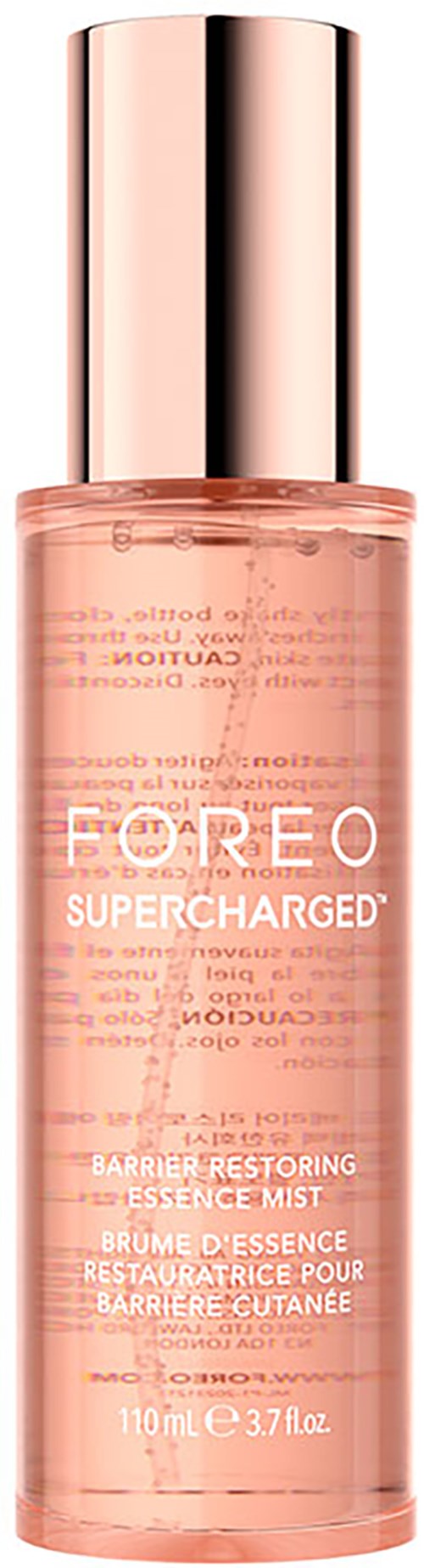 Eine Hautpflegeflasche mit der Aufschrift 'FOREO SUPERCHARGED', enthält rosa Flüssigkeit und hat einen glänzenden, metallischen Deckel.