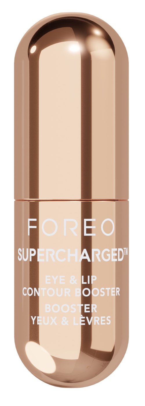 Eine roségoldene Kapselflasche mit Hautpflegeprodukt namens Foreo Supercharged für Augen- und Lippenkonturverstärkung.