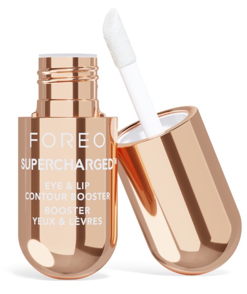Ein roségoldfarbener Behälter mit weißem Applikator, gekennzeichnet für Augen- und Lippen-Boosting.