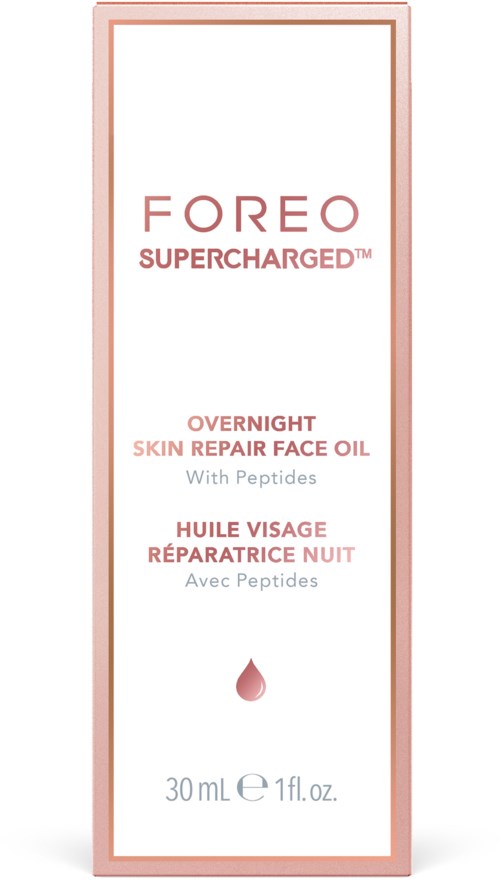 A skincare product box labeled 'Foreo Supercharged Overnight Skin Repair Face Oil' with a drop symbol and 30 mL volume.