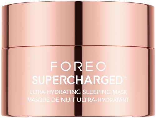 Een glanzende roze potje met FOREO Supercharged Ultra-Hydrating Sleeping Mask voor nachtverzorging.