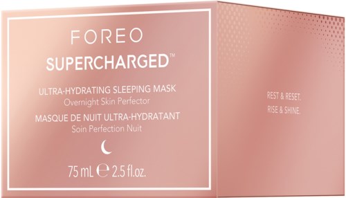 Roze doos met huidverzorgingsproduct genaamd 'FOREO SUPERCHARGED' voor slaapmasker, toont grootte en voordelen.
