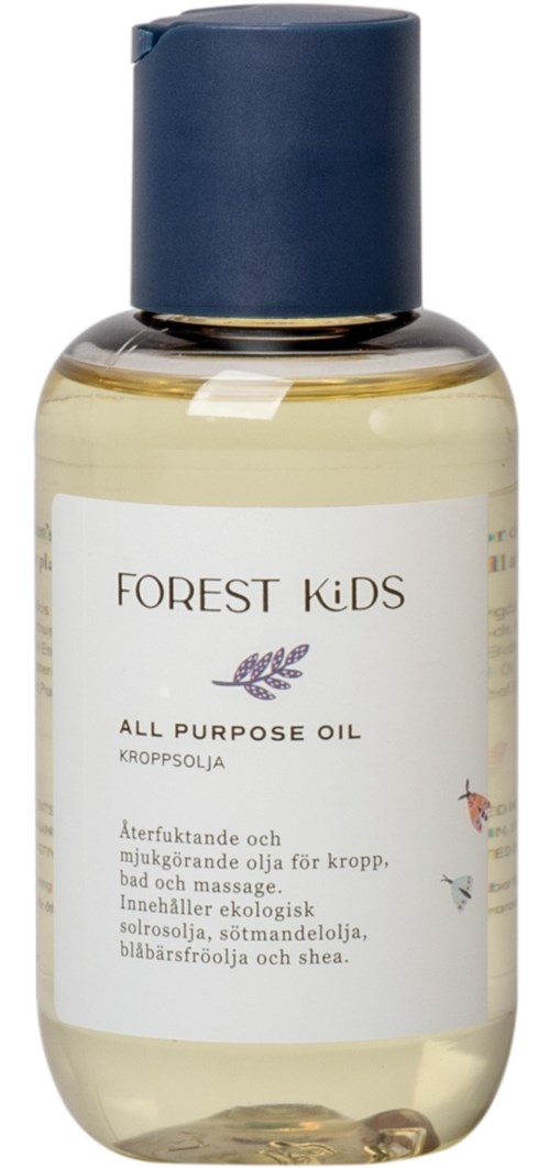 Small bottle of all-purpose oil with a blue cap, labeled 'Forest Kids' and described as natural and eco-friendly.
