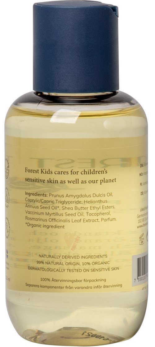 A small bottle with a blue cap contains baby care oil. The label mentions natural ingredients and gentle for sensitive skin.