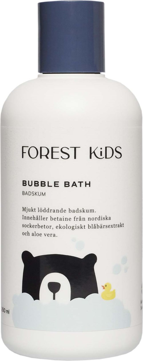 A white bottle with blue cap, labeled 'FOREST Kids Bubble Bath,' features a bear and a rubber duck illustration.