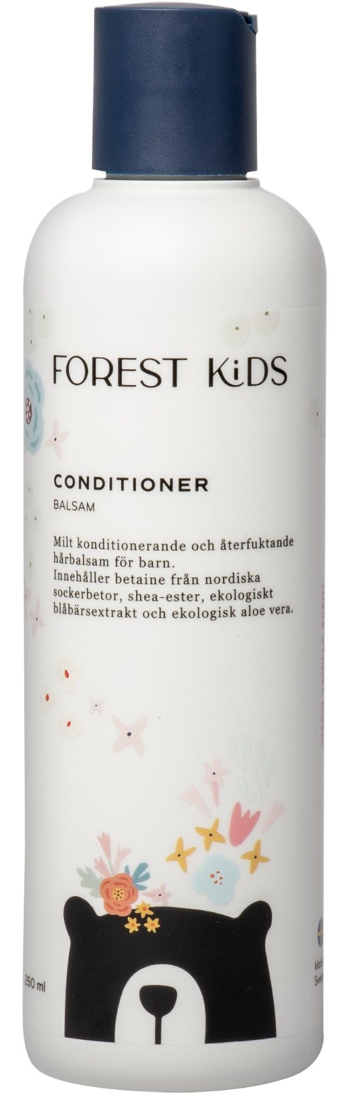 A white bottle with a navy cap features a bear illustration and stars, labeled 'FOrest KiDS Conditioner' for children.