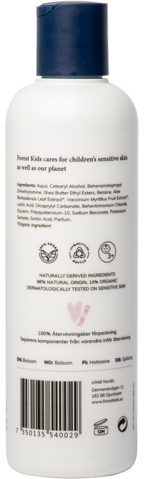 A white bottle with blue cap, containing skincare for children's sensitive skin and the planet.
