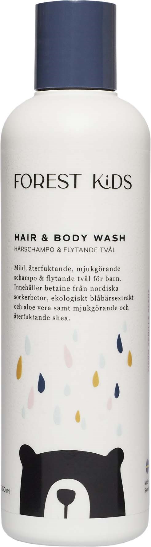 A white bottle with a blue cap labeled 'FOREST Kids' hair and body wash, featuring a bear's face graphic at the bottom.
