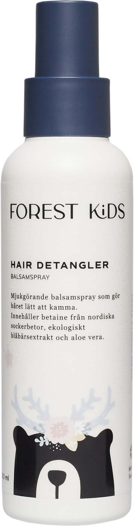 White bottle with blue cap and bear illustration, labeled 'Forest Kids Hair Detangler' with text in Swedish.