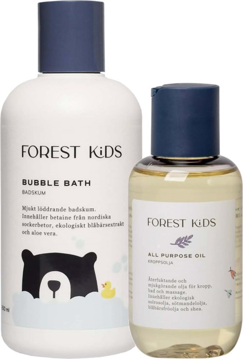 Two bottles, one large and one small, are for children's bath and body care, with cartoon bear on large bottle.