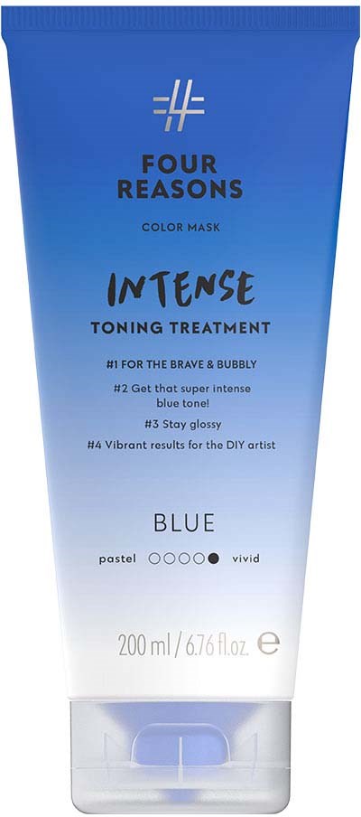 Blue color mask labeled "Four Reasons" for intense toning, with goals for glow and vibrant results, 200ml tube.