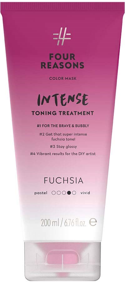 Pink and white tube of Fuchsia intense toning treatment with text and brand logo. Contains 200 ml of product.