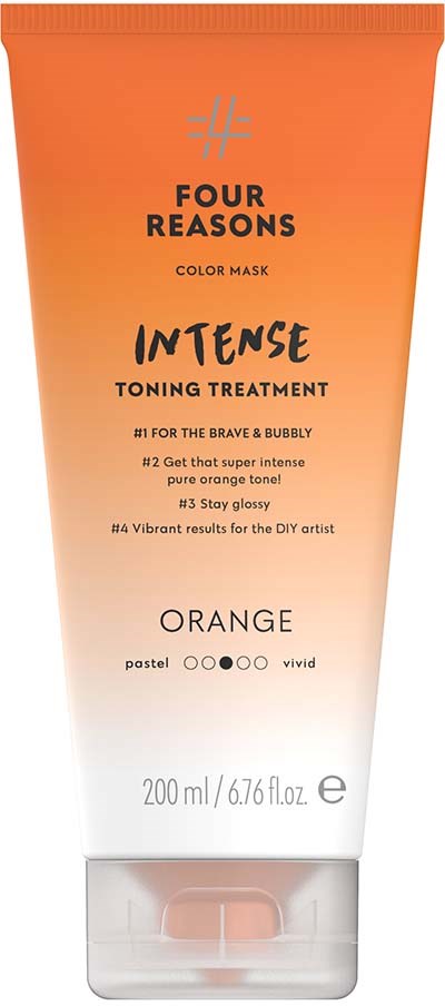 A skincare tube with orange-to-white gradient, label says 'Four Reasons' and 'Intense Toning Treatment' for vibrant, orange skin.