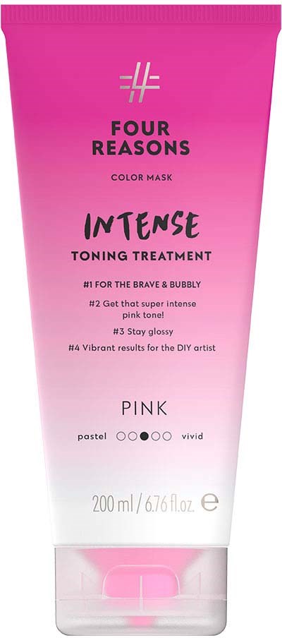 Pink tube of toner treatment with black and white text, branding, and product name on a pink gradient background.