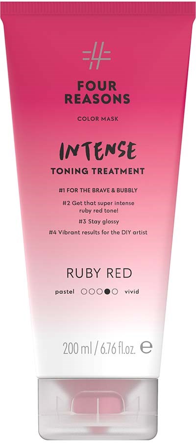 A pink and white tube of hair mask with bold black and pink text, called 'Four Reasons Intense Toning Treatment'.
